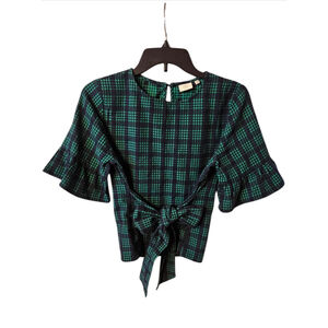 Good Luck Gem Navy & Green Black Watch Plaid Tie Front Ruffle Blouse Medium EUC